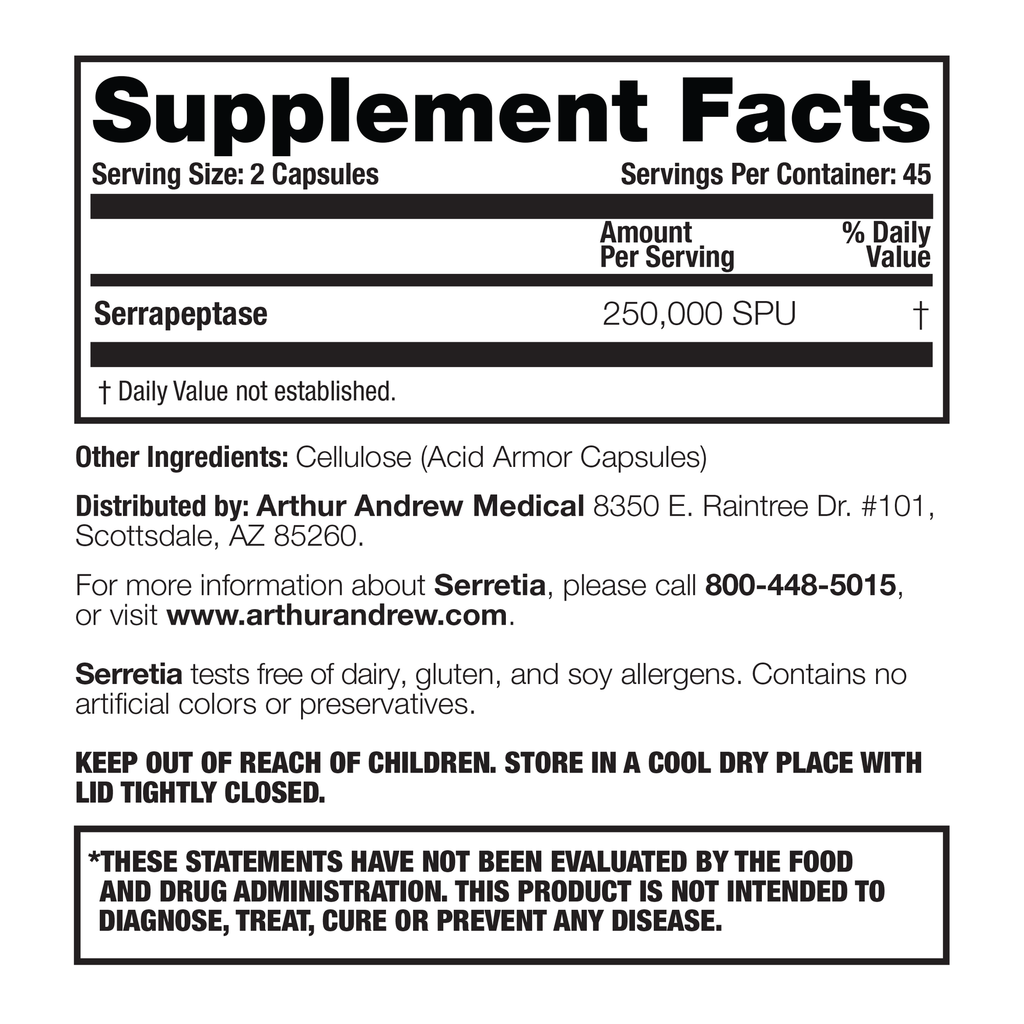 Serretia supplement facts panel, serrapeptase 250,000 SPU per serving