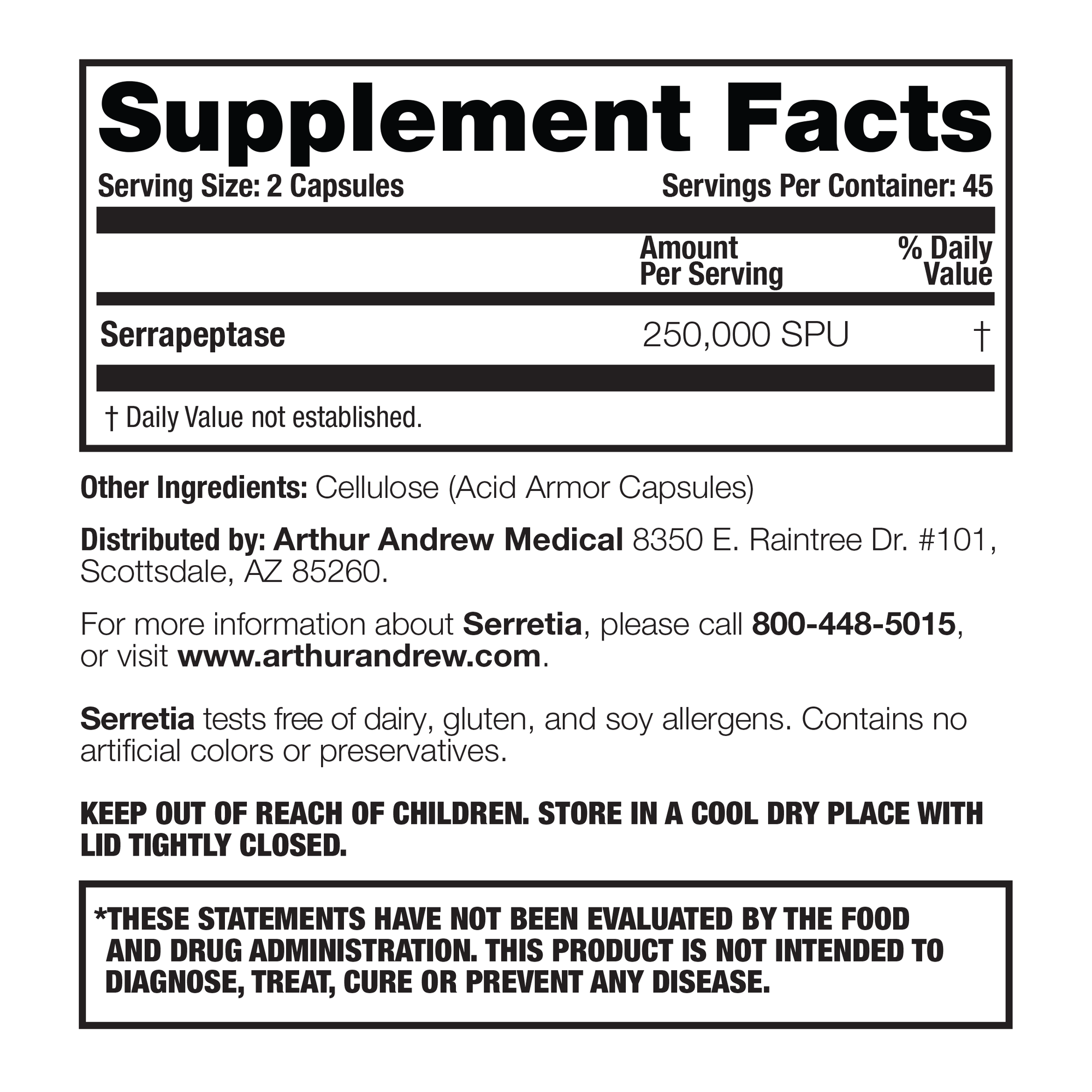Serretia supplement facts panel, serrapeptase 250,000 SPU per serving
